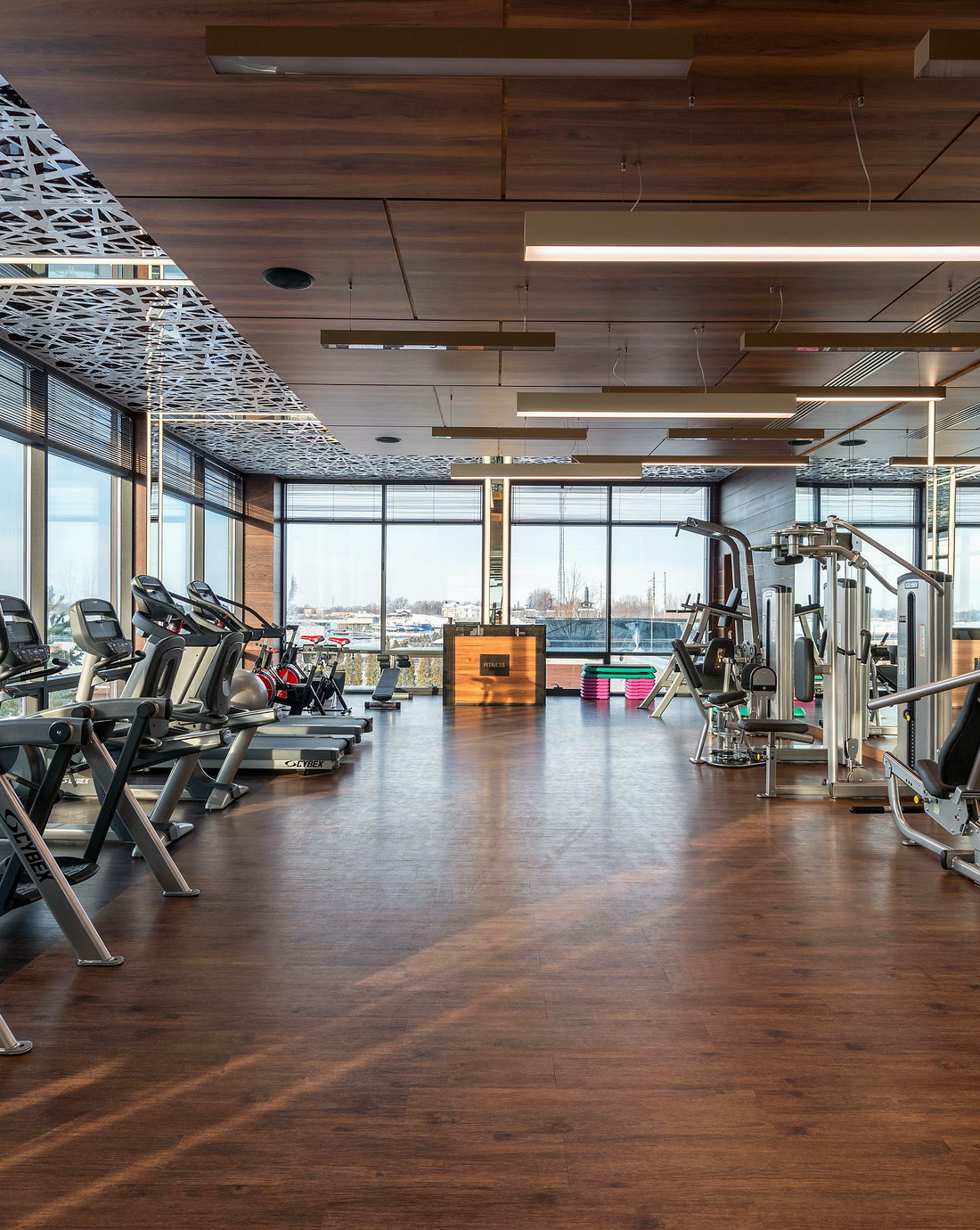 Modern gym floor with cardio machines on the left, resistance machines on the right, wood flooring and floor-to-ceiling windows.